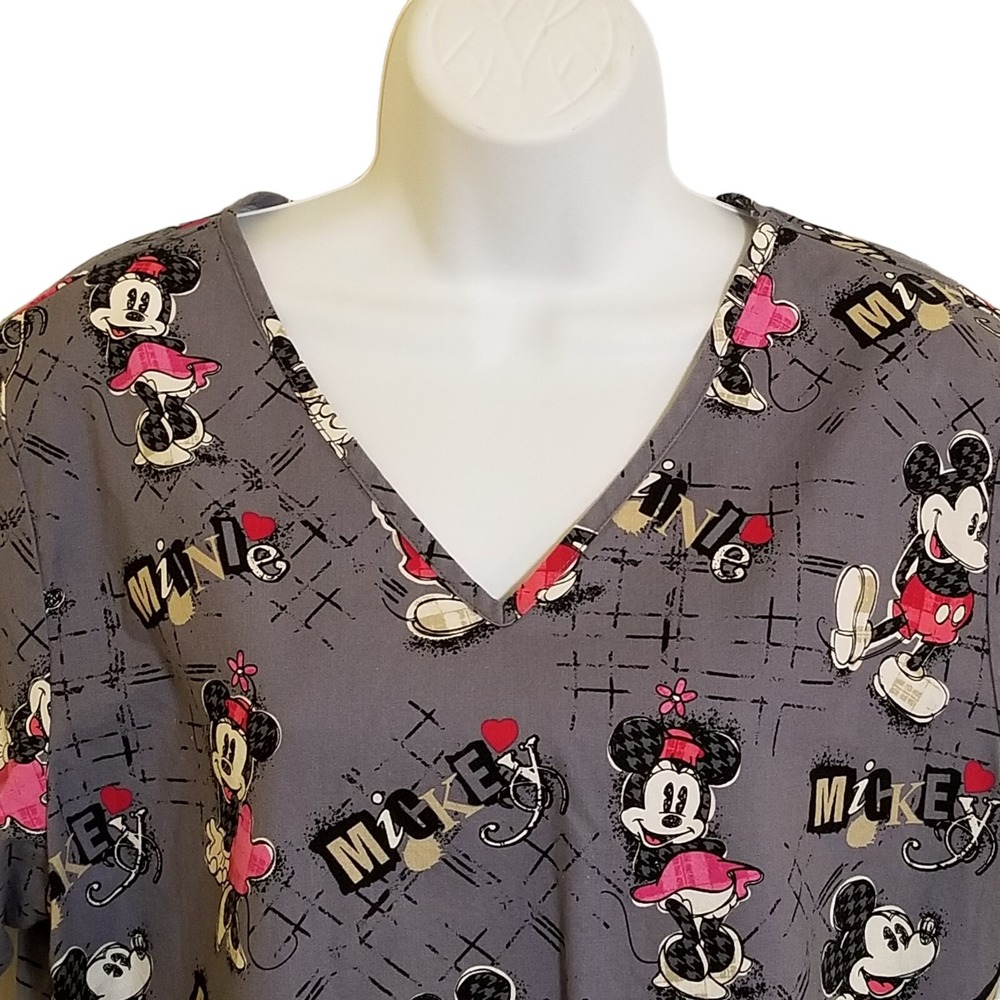 Disney Scrub Top M Short Sleeve Mickey Mouse Grey Cotton Pockets